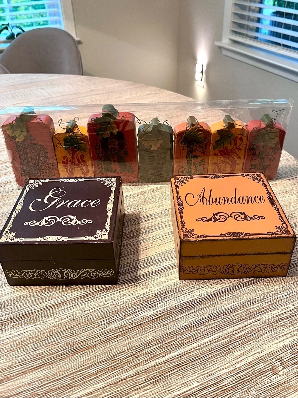 Fall Bundle of Wood “HARVEST” Letters, & Two Wood “Grace” “Abundance” Boxes